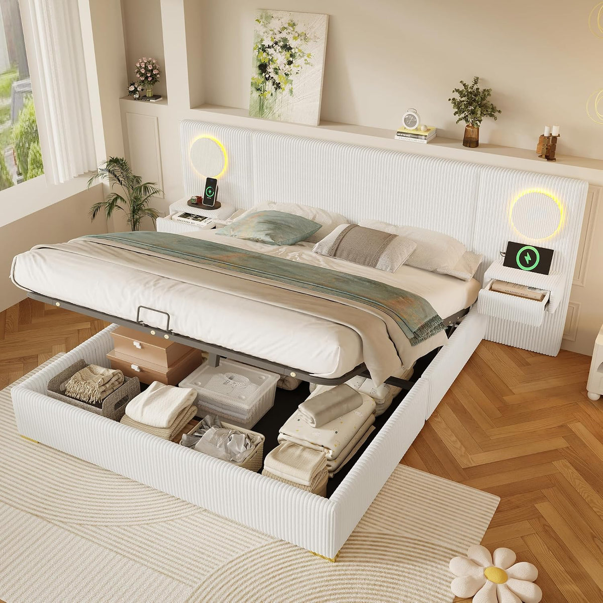 Moimhear Cama tapizada de terciopelo, cabecero LED, conectores USB, almacenamiento hidráulico