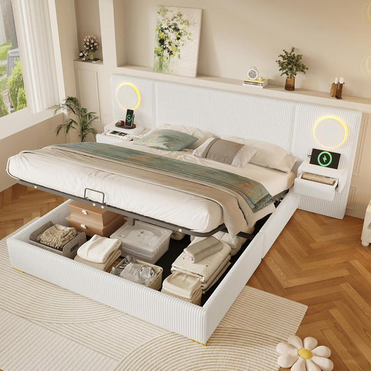 Moimhear Cama tapizada de terciopelo, cabecero LED, conectores USB, almacenamiento hidráulico