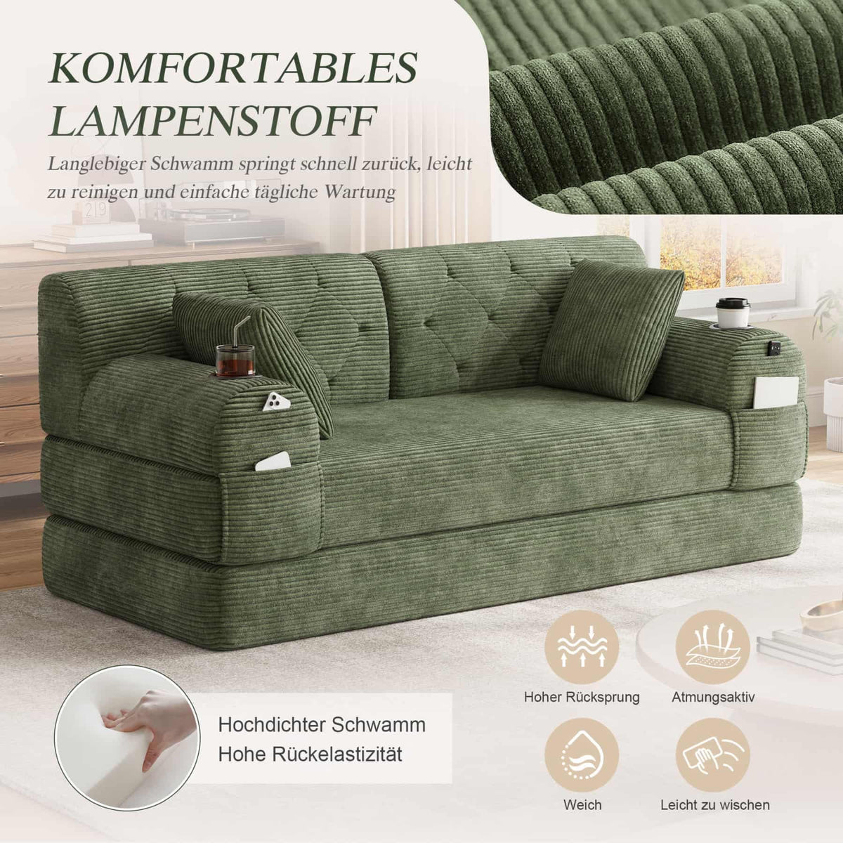 YEHTOKHOME - Sofá de Velor acanalado con respaldo alto y estructura metálica, sofá moderno de 2 plazas con 2 portavasos y 4 bolsillos laterales, para salón, dormitorio (Beige)