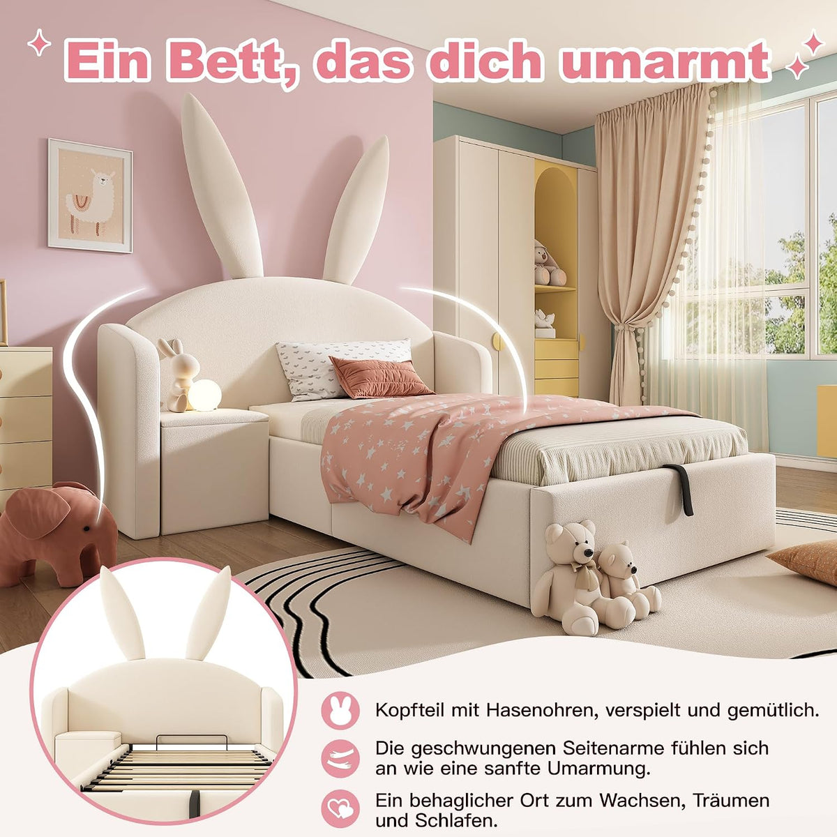 Kebnor Cama tapizada de terciopelo, orejas de conejo, cabecero con espacio de almacenamiento y mesita de noche, cama juvenil de diseño (sin colchón) (beis, 90 x 190 cm)