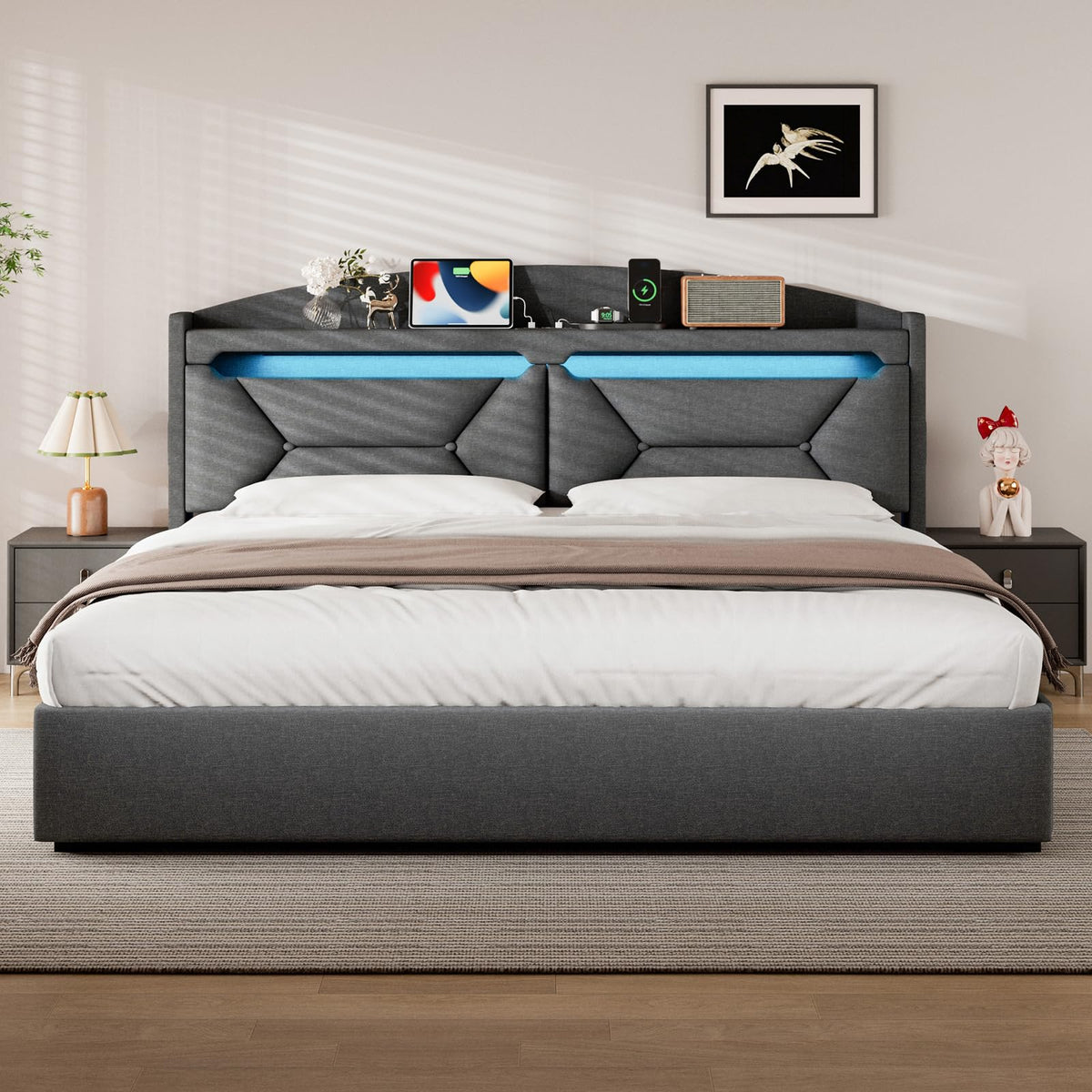 Cama 90x200 cm con Almacenamiento, Cama Individual con LED, Puertos USB y Type-C, Somier 90x200 Hidráulico, Camas Juveniles Camas Infantiles con Cabecero, Lino, Beige, Colchón No Incluido