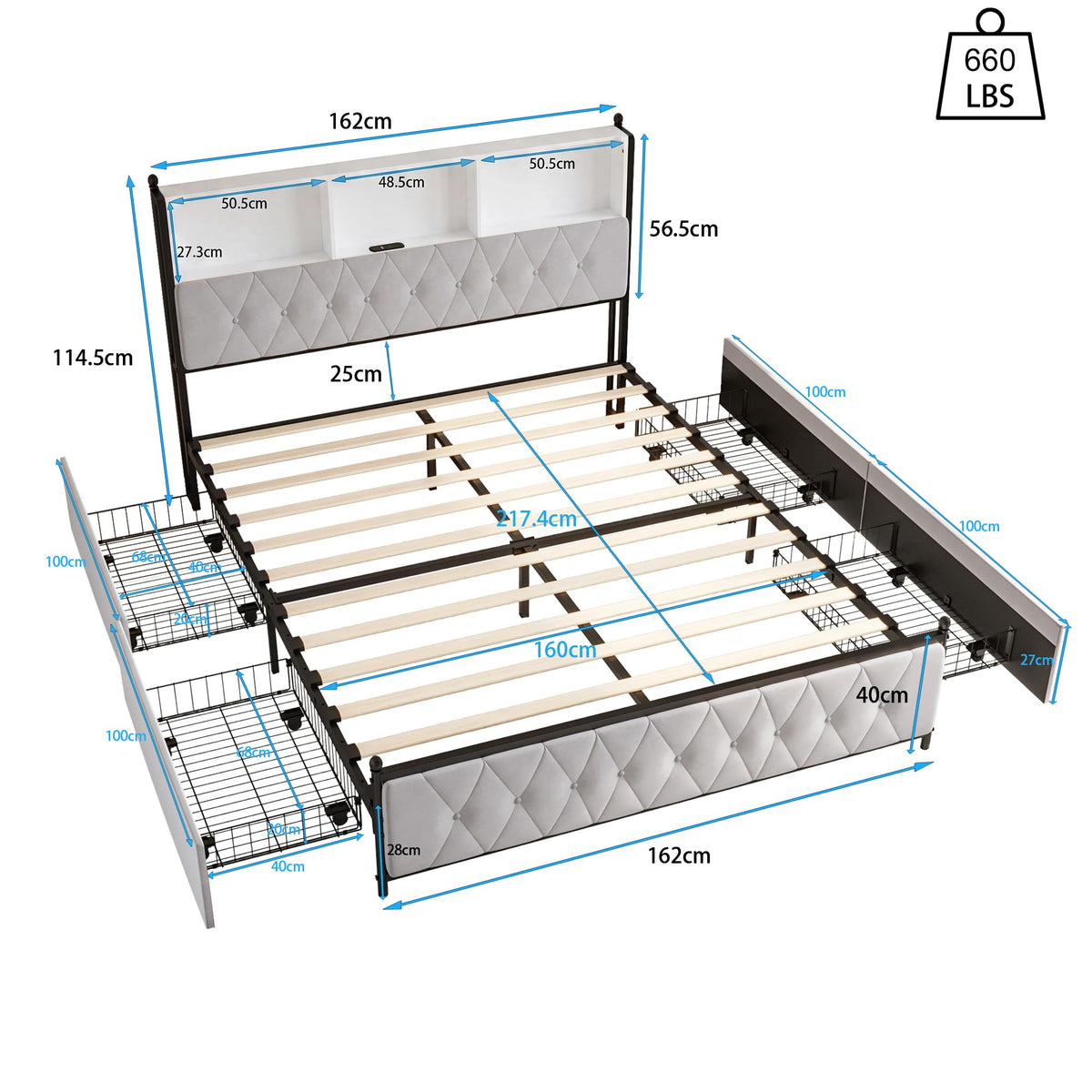 BRILVERDE Cama Tapizada 160x200 con Almacenamiento, Cama matrimonial con cajones, Cama Nido con LED, Cabecero Acolchado y Base de Láminas, Terciopelo (Beige, 160 x 200 cm)