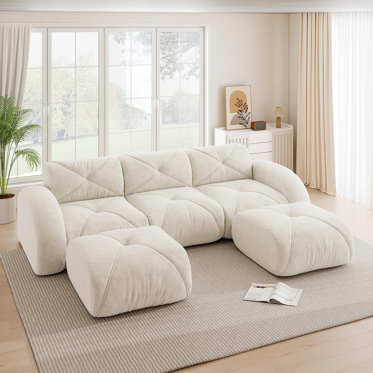 Sofá de esquina en forma de L de 4 plazas con reposapiés, sofá modular Cloud sin marcos de chenilla, sofá de estar suave, antideslizante, combinable de forma flexible, sin montaje, salón color