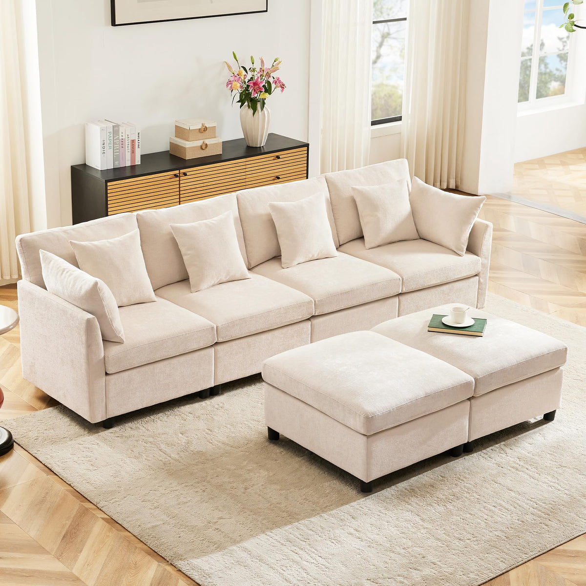 Sapgaks Sofá Seccional en U Moderno,Sofá 4 plazas,Mueble Acolchado de diseño Moderno,Tela de Chenilla (Beige)