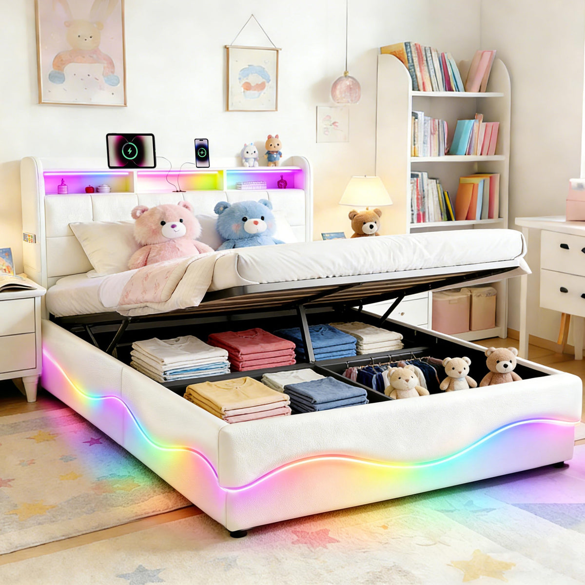 Estructura de Cama 140x200 cm con iluminación LED, Lino, Gris