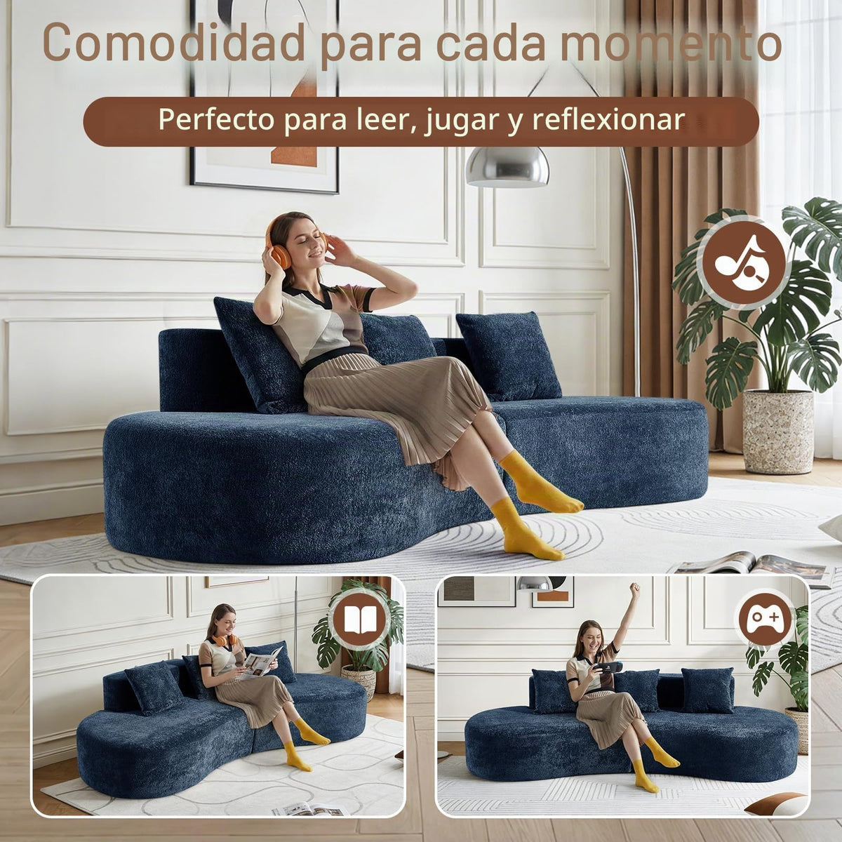 Bladez Sofá esquinero moderno curvado de 5 plazas, sofá modular de terciopelo, diseño curvado, cómodo sofá tapizado, cómodo sofá tapizado con cojines, adecuado para salón y apartamento, color blanco