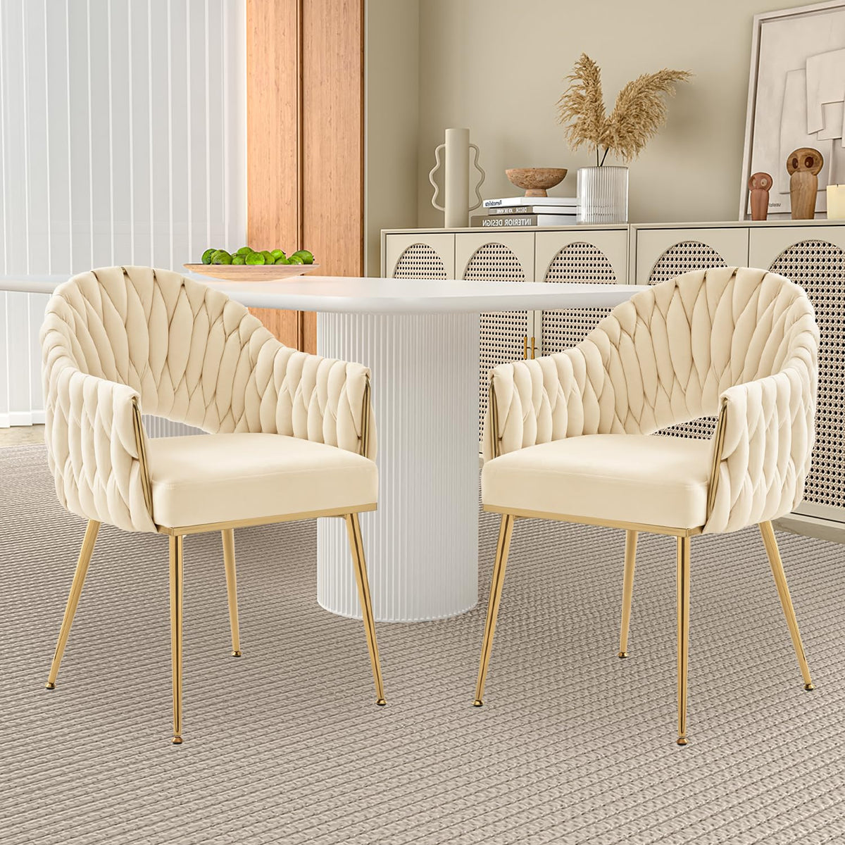Juego de 4 sillas de comedor de terciopelo, sillones de salón, sillas de comedor con reposabrazos, sillas de cocina con respaldo alto trenzado a mano, silla de tocador con patas doradas
