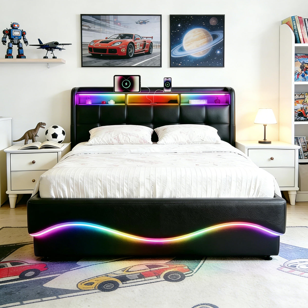Estructura de Cama 140x200 cm con iluminación LED, Lino, Gris