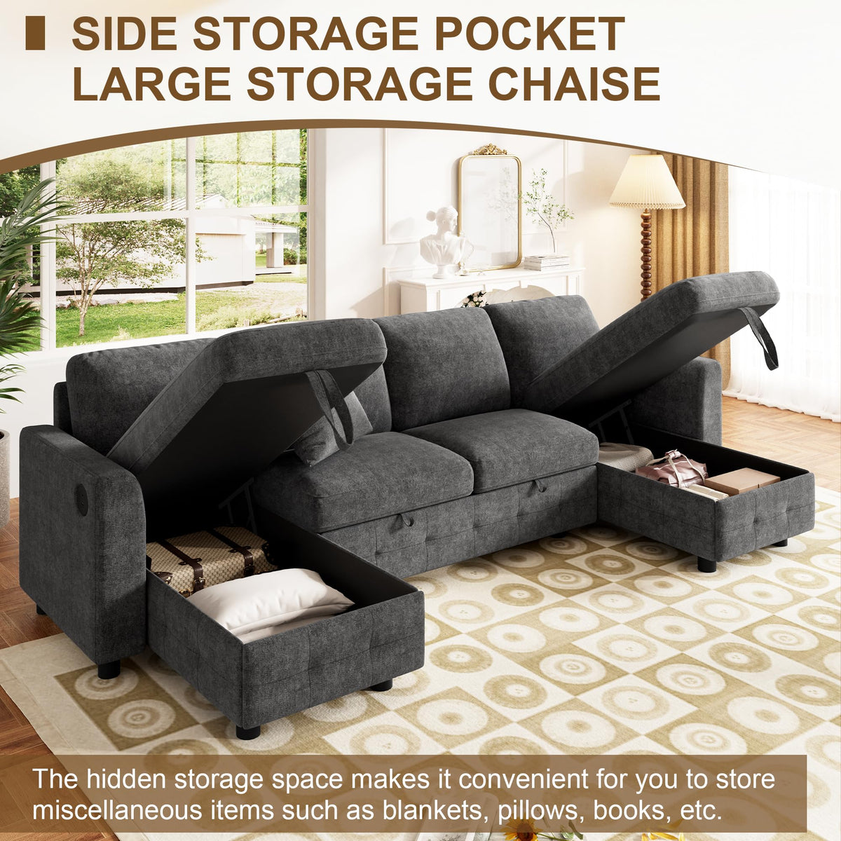 LAKFEW Sofa Cama con Cama Extensible y Taburete Almacenaje, Sofa Rinconera con USB, Lámpara de Lectura, Mesa Plegable con 2 Posavasos, 205x205x85 cm, Gris