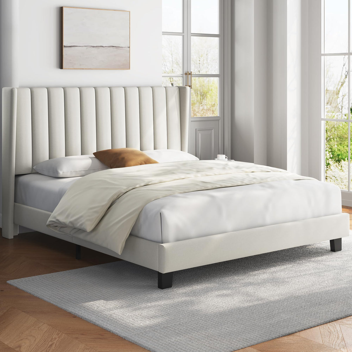 Yaheetech Cama Doble Tapizada 140 x 200cm con Somier de Lamas con Cabecero Rayado Moderno Estructura de Madera y Metal Marco de Cama para Adultos 2 Personas Beige