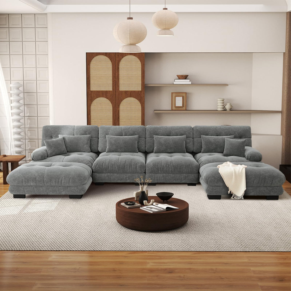SoarFlash Sofá U Modular de 4 plazas para salón Moderno, sofá Nube de Tela Chenille con reposabrazos, Color Amarillo, 145×406 cm