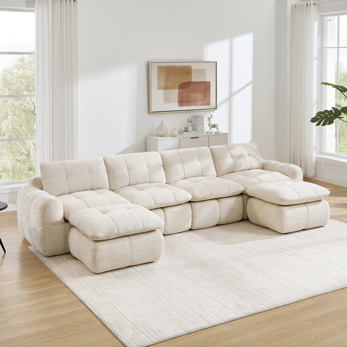 Sofá de 3 plazas con 1 taburete chenilla beige