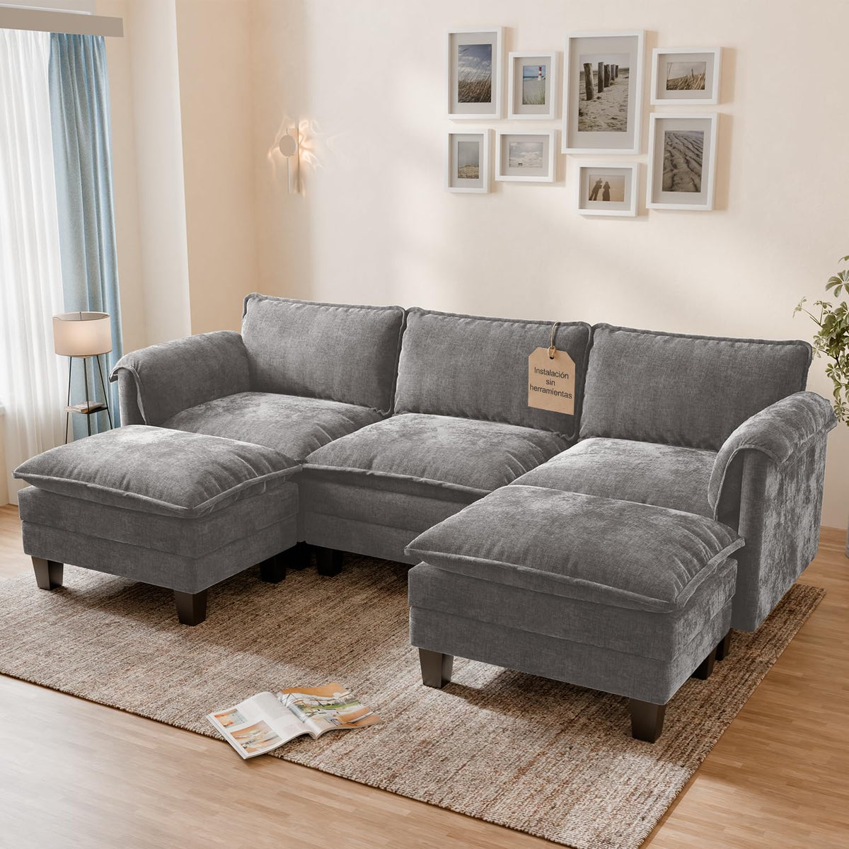 ELUCHANG Sofá Nube Modular 256cm, Sofá de 3 Plazas con Asiento Profundo 62cm, Montaje sin Herramientas, Sofá Moderno de Chenilla para Salón y Habitación, Gris Perla