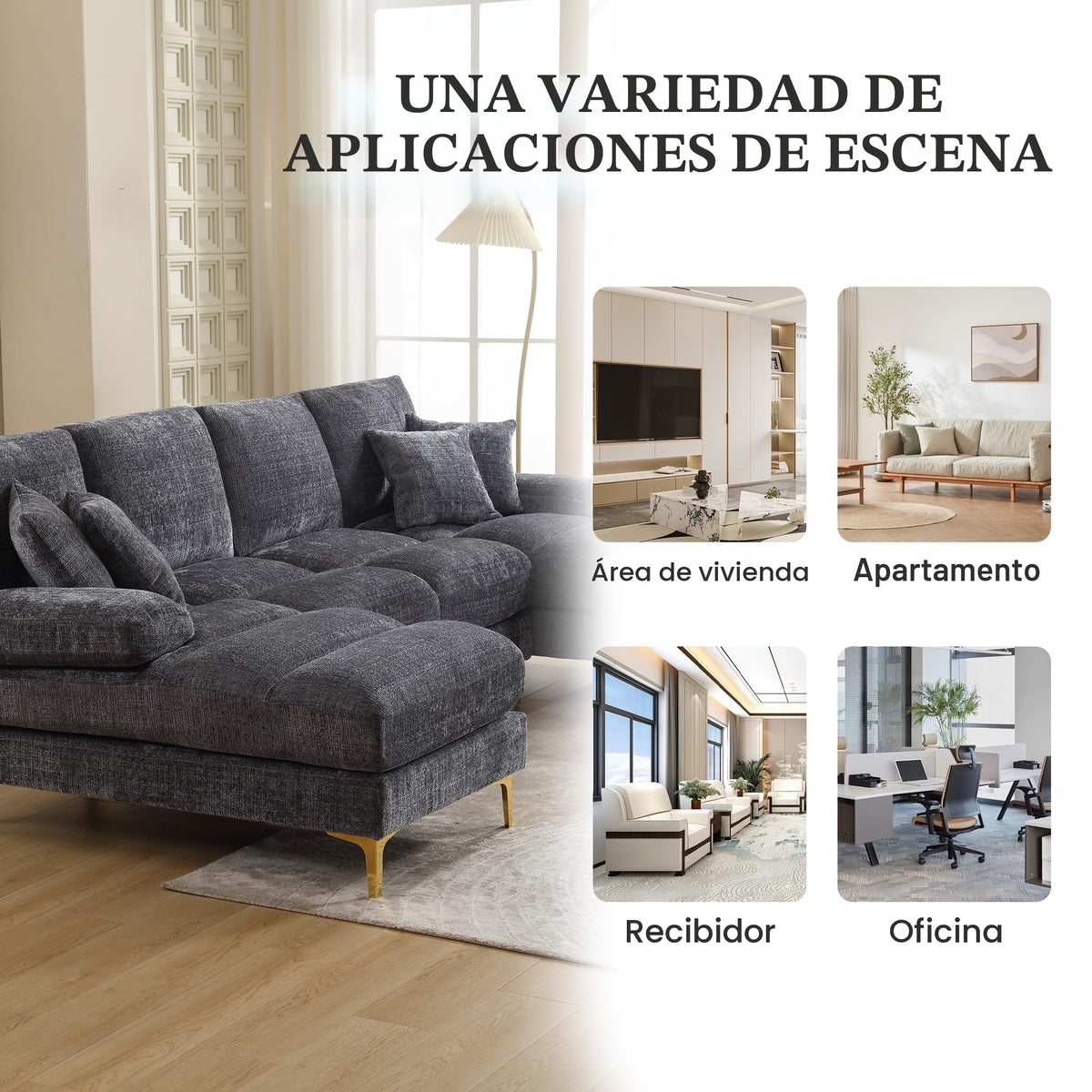 Lubvtti Sofá Moderno en U con iluminación Ambiental LED y Puerto USB+Type-C,sofá 4 plazas con 4 Cojines de Lujo y Respaldo ergonómico, sofá cheslong 4 plazas,Terciopelo,Negro