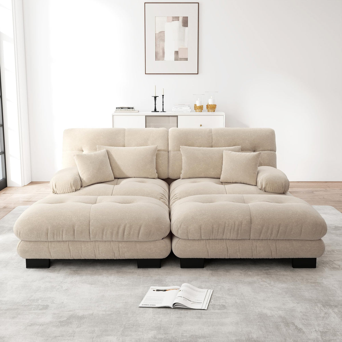 Sofá esquinero de chenilla nublado para salón, sofá doble con reposabrazos anchos, 2 cojines lumbares, 2 cojines decorativos y 2 otomanas, 220 x 140 x 81 cm (rosa)