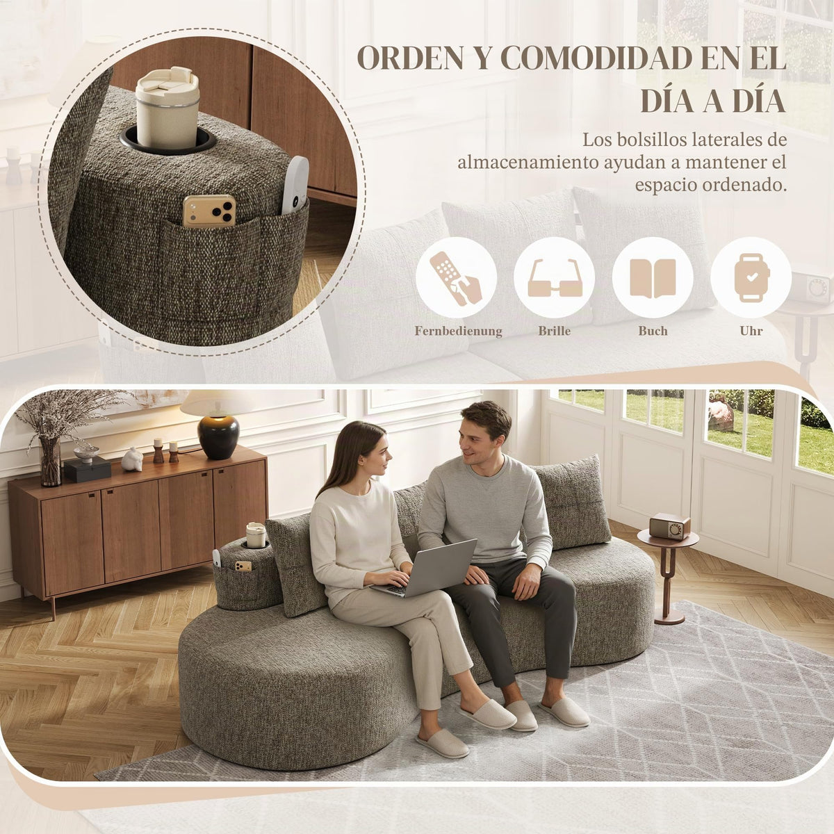 Bladez Sofá esquinero moderno curvado de 5 plazas, sofá modular de terciopelo, diseño curvado, cómodo sofá tapizado, cómodo sofá tapizado con cojines, adecuado para salón y apartamento, color blanco