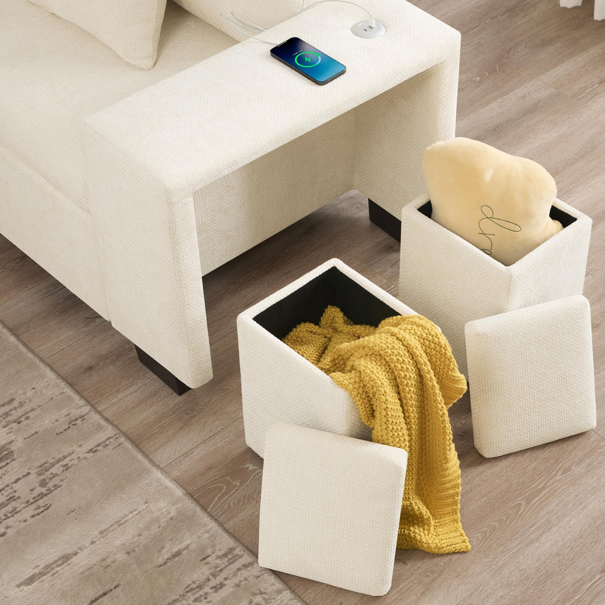 Sofá moderno de chenilla en forma de U con chaise longue, sofá esquinero de 4 plazas con espacio de almacenamiento, puerto USB y tipo C, modular, con soporte para bebidas y cojines suaves
