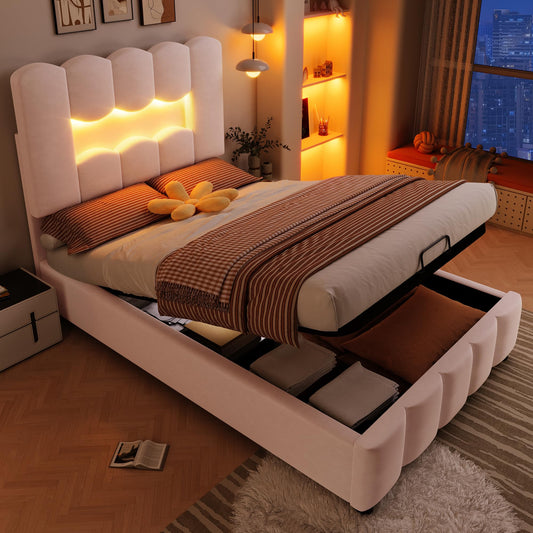 Kebnor Cama tapizada con somier, luz ambiental con mando a distancia, diseño de princesa heredera, material PU, color rosa (sin colchón) (140 x 200 cm)