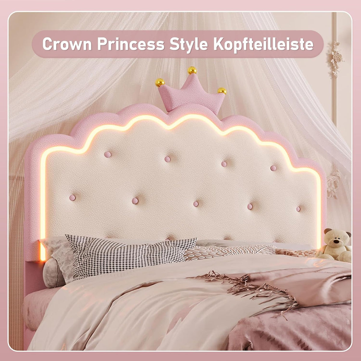 Kebnor Cama tapizada con somier, luz ambiental con mando a distancia, diseño de princesa heredera, material PU, color rosa (sin colchón) (140 x 200 cm)