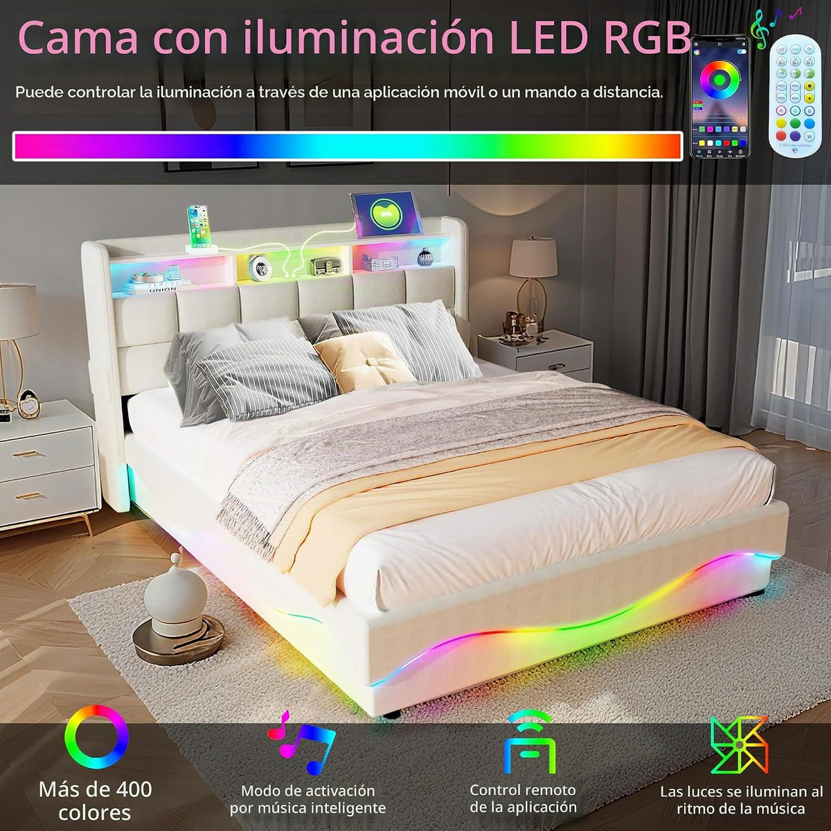 Estructura de Cama de Cuero 160x200cm con Carga USB Type-C, Blanco
