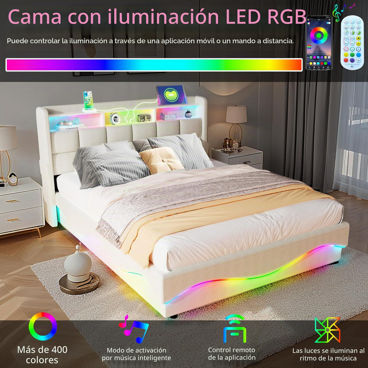 Estructura de Cama de Cuero 160x200cm con Carga USB Type-C, Blanco