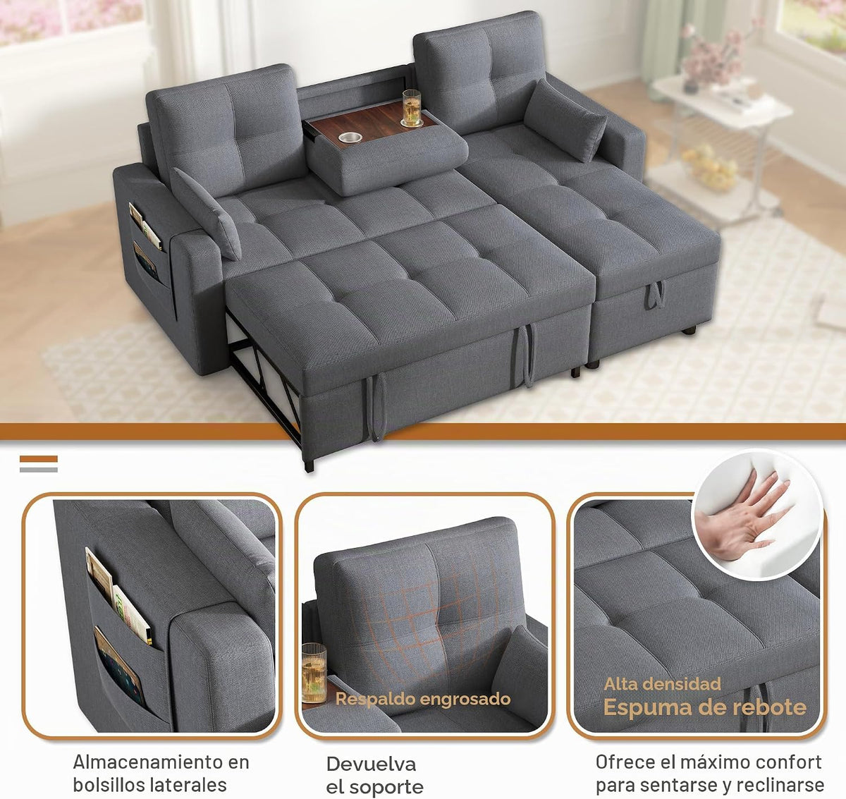 Bladez Sofá cama extensible en forma de L de lino con espacio de almacenamiento, soporte para bebidas, sofá modular de 3 plazas para salón (gris)