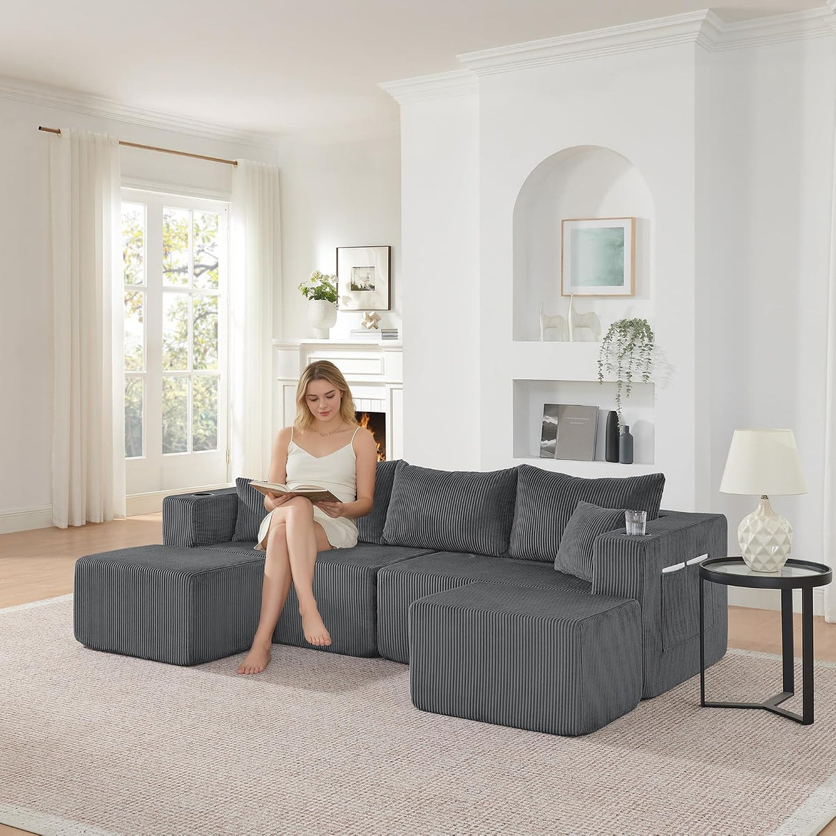 Bladez Sofá esquinero modular en forma de U de pana de 3 plazas gris con otomana