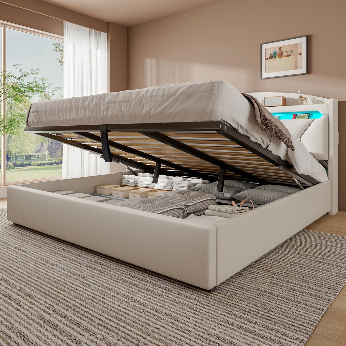 Cama 90x200 cm con Almacenamiento, Cama Individual con LED, Puertos USB y Type-C, Somier 90x200 Hidráulico, Camas Juveniles Camas Infantiles con Cabecero, Lino, Beige, Colchón No Incluido