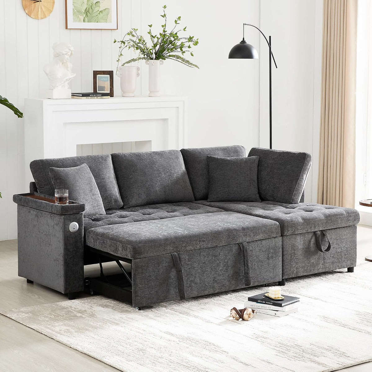 Lubvtti Sofá cama de 3 plazas moderno con función de cama, con espacio de almacenamiento, cargador USB, reposabrazos portaobjetos y 2 cojines, sofá de esquina en L, sofá de 3 plazas, chenilla (C-gris)
