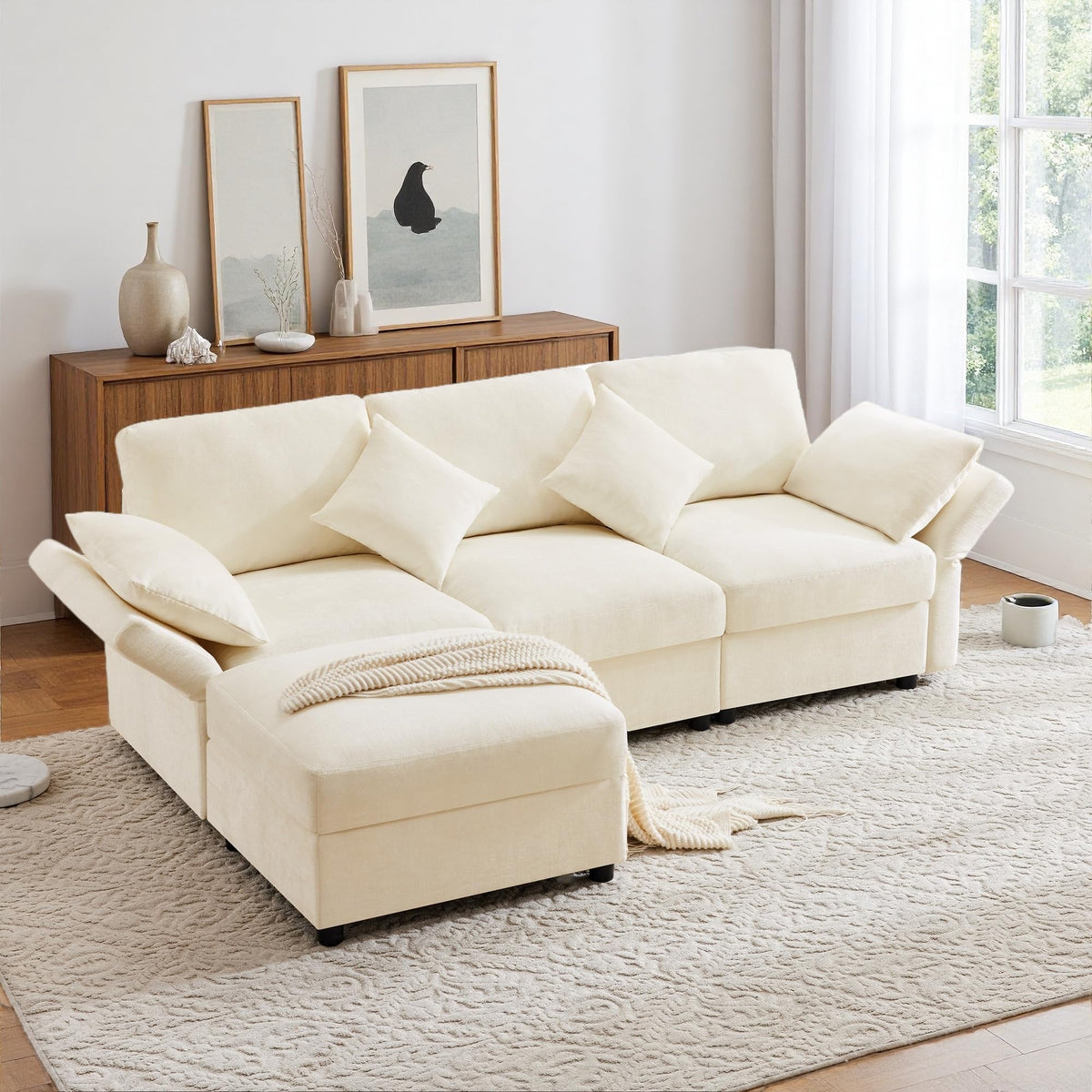 Lubvtti Sofá cama de 3 plazas moderno con función de cama, con espacio de almacenamiento, cargador USB, reposabrazos portaobjetos y 2 cojines, sofá de esquina en L, sofá de 3 plazas, chenilla (C-gris)