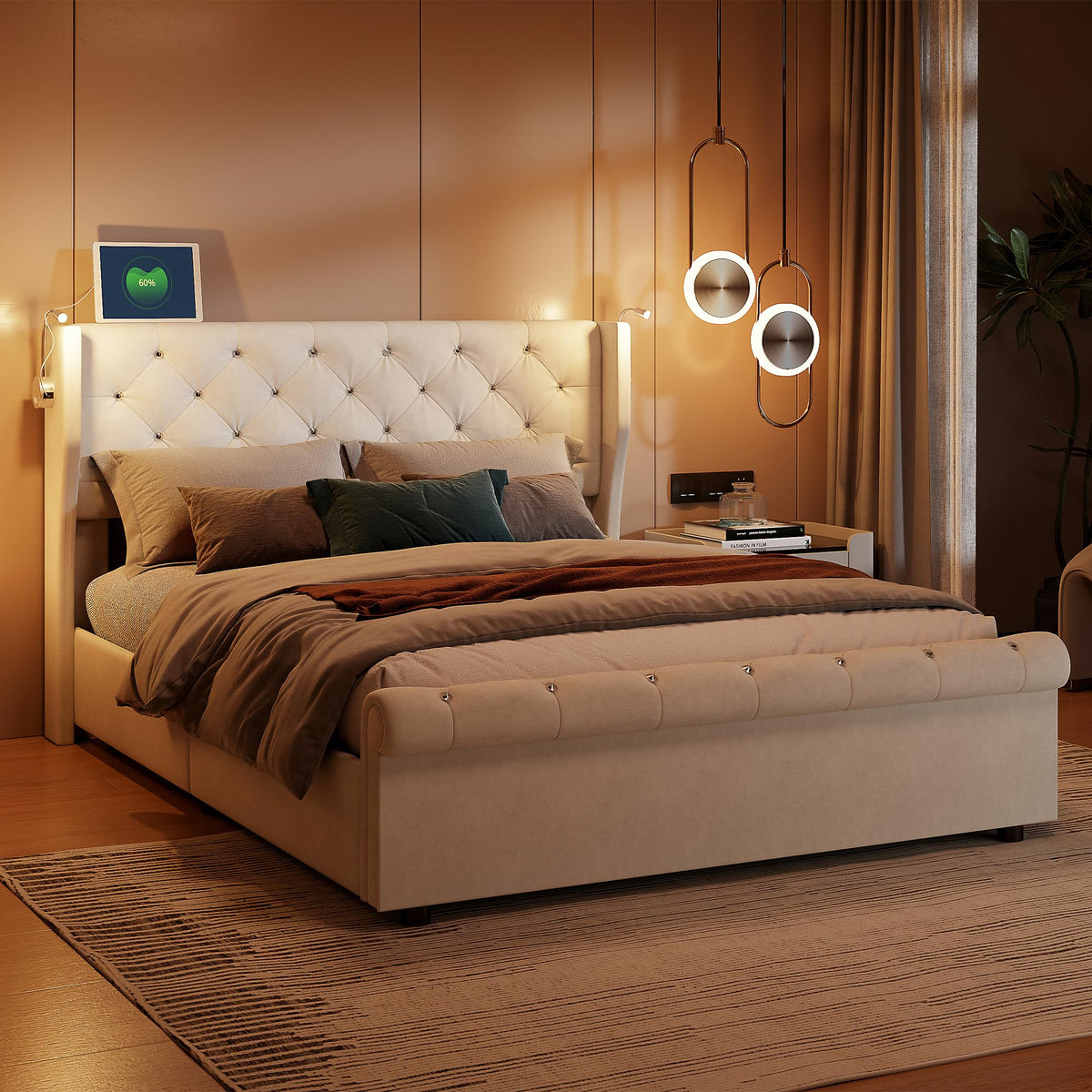 BRILVERDE Cama Tapizada 140x200 con Almacenamiento hidráulico, Cama matrimonial con Toma USB y luz LED, Cabecero Acolchado y Base de Láminas, Terciopelo (Beige, 140 x 200 cm)