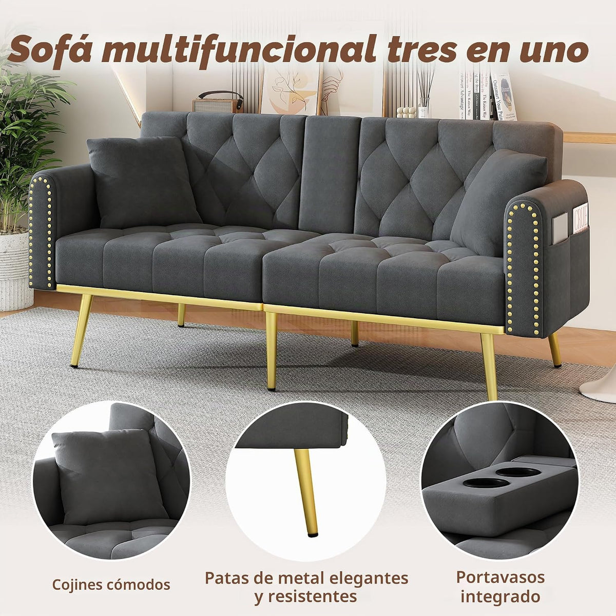 Azkoeesy Sofá cama de 2 plazas con soporte para bebidas, 175 cm, sofá cama con función de dormir, respaldo ajustable en 3 posiciones, patas metálicas doradas y remaches, para sala de estar y cine en