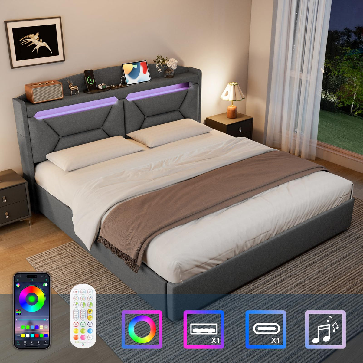 Cama 90x200 cm con Almacenamiento, Cama Individual con LED, Puertos USB y Type-C, Somier 90x200 Hidráulico, Camas Juveniles Camas Infantiles con Cabecero, Lino, Beige, Colchón No Incluido
