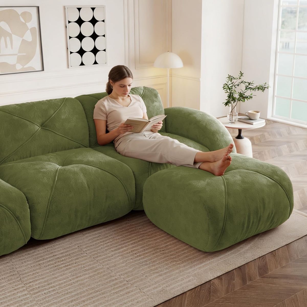 Sofá de esquina en forma de L de 4 plazas con reposapiés, sofá modular Cloud sin marcos de chenilla, sofá de estar suave, antideslizante, combinable de forma flexible, sin montaje, salón color