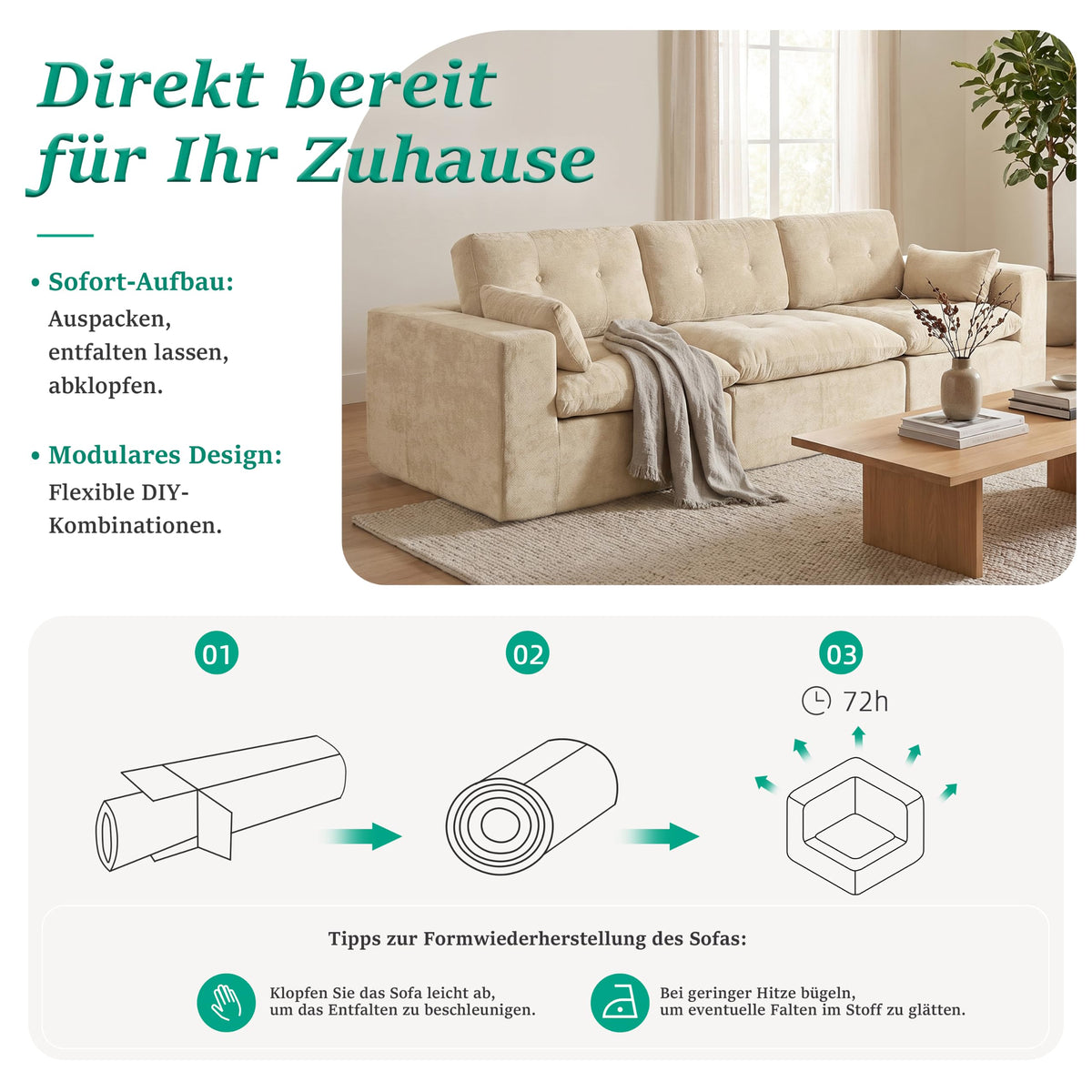 Sofá modular de 3 plazas con función de dormir, asiento extra profundo, felpilla para el hogar, sofá sin marco, sofá cama flexible para salón, verde