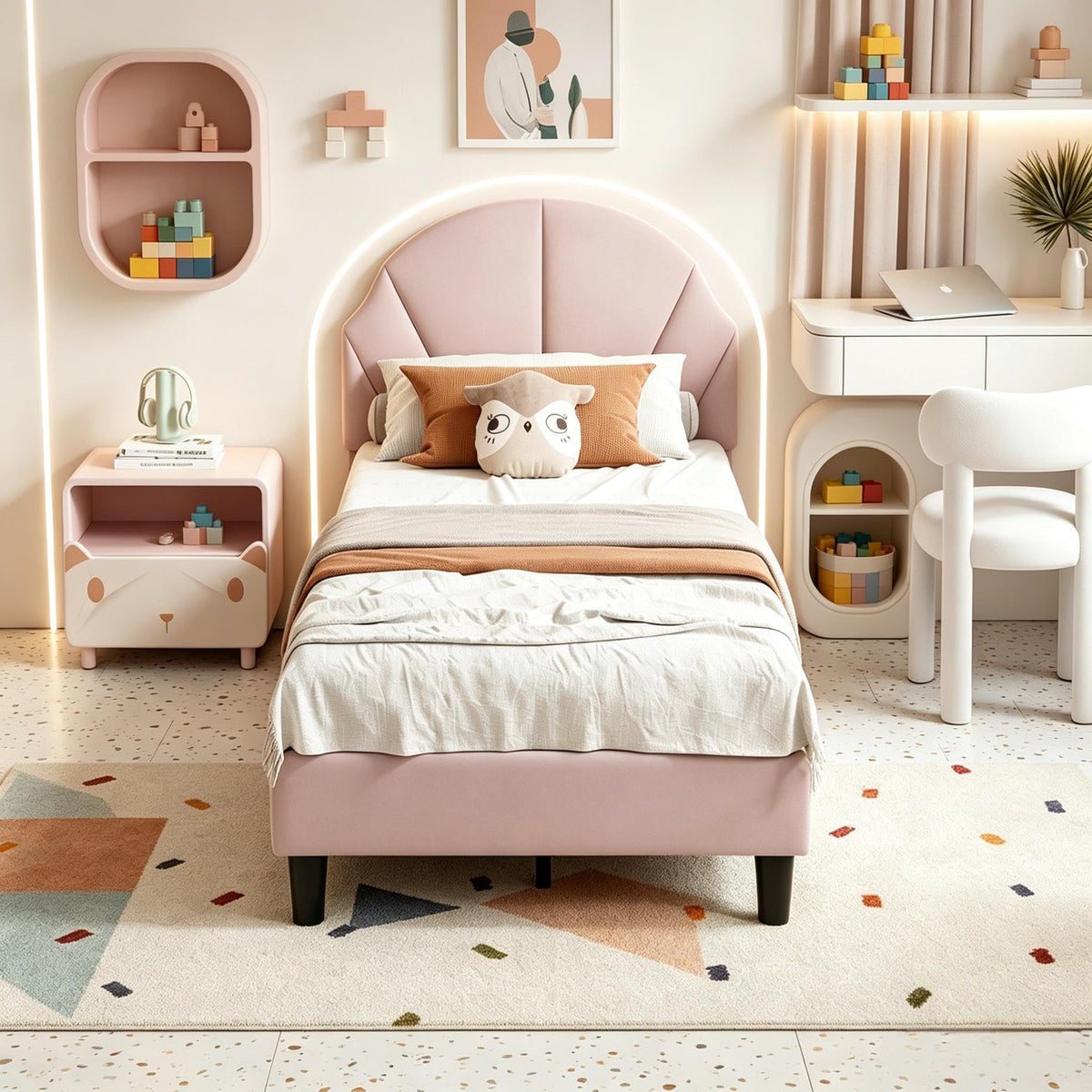 Cama Infantil tapizada 140 x 200 cm con LED, Cama tapizada para niños 140 x 200 con cabecera Ajustable Marco de Camas, Camas de Princesa para Niña en Forma de Corona con Somier(Rosa, 140 x 200)