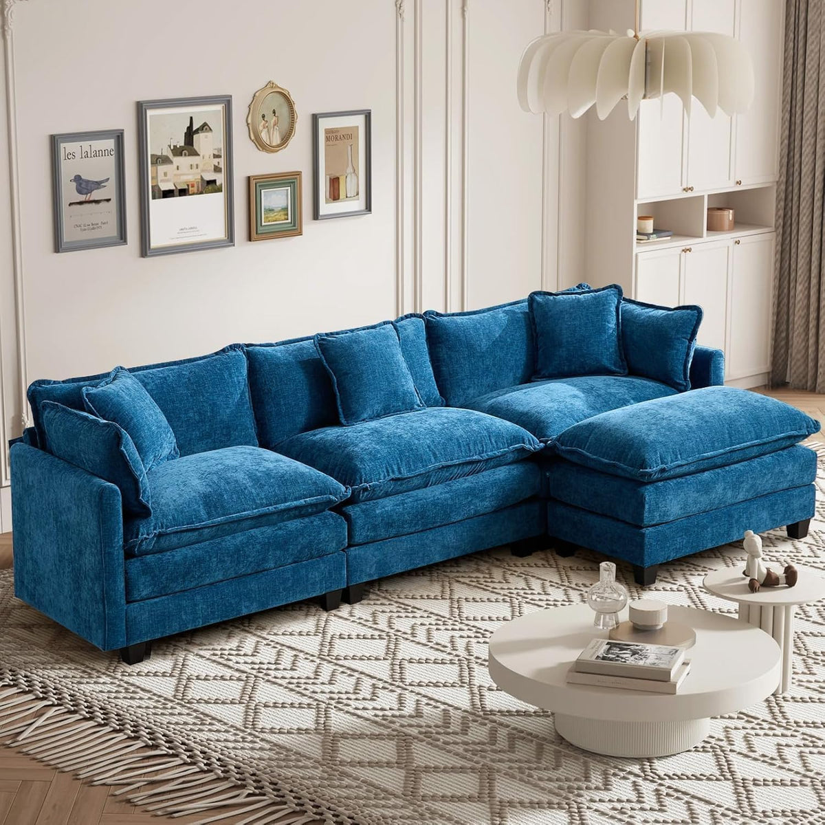 Sofá Modular Modular de 380.0 cm en Forma de L, sofás Convertibles de Gran tamaño, sofá de felpilla de 4 plazas con Asiento Profundo SleeperCloud con Almohadas y 2 otomanas para Sala de