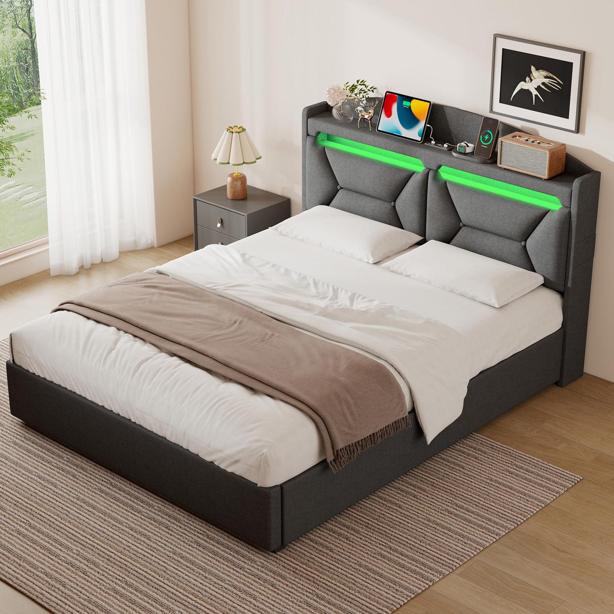 Cama 90x200 cm con Almacenamiento, Cama Individual con LED, Puertos USB y Type-C, Somier 90x200 Hidráulico, Camas Juveniles Camas Infantiles con Cabecero, Lino, Beige, Colchón No Incluido