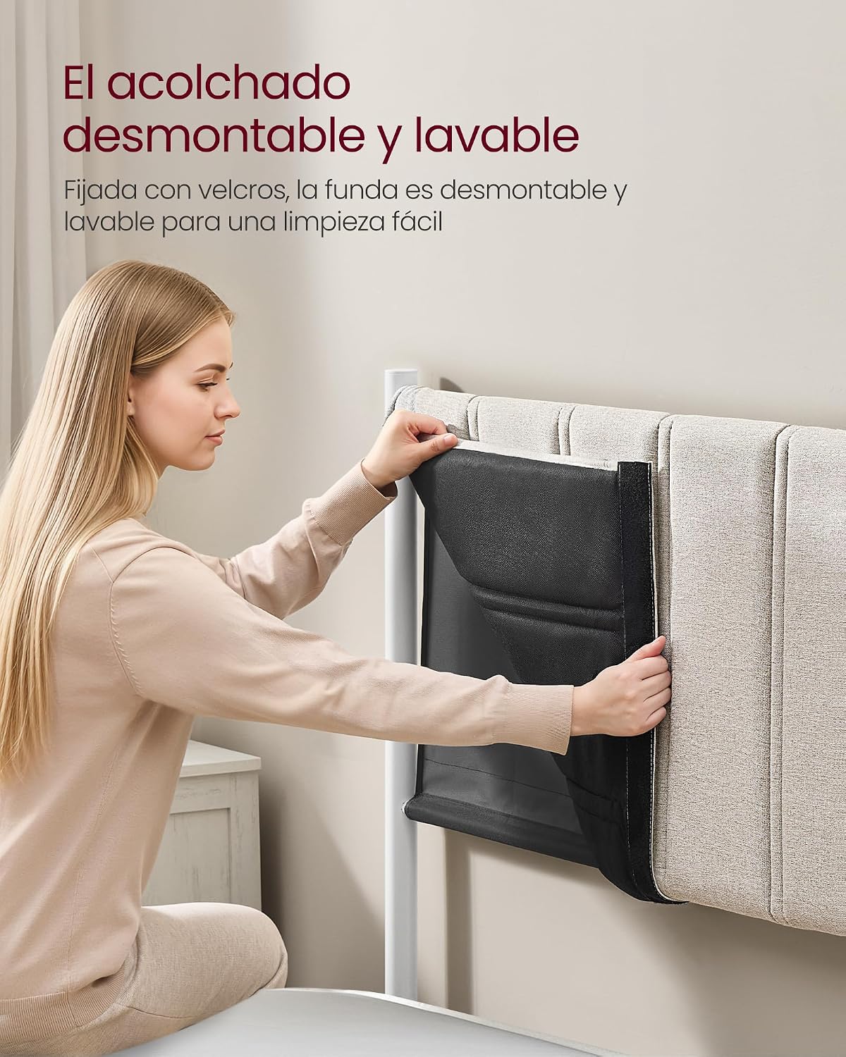 VASAGLE Estructura de Cama, 160 x 200 cm, Cama Elevable, 2 Personas, con Almacenaje, Cabecero, Sistema Hidráulico, Moderno y Minimalista, Fácil Montaje, Beige Capuchino RMB615LH01