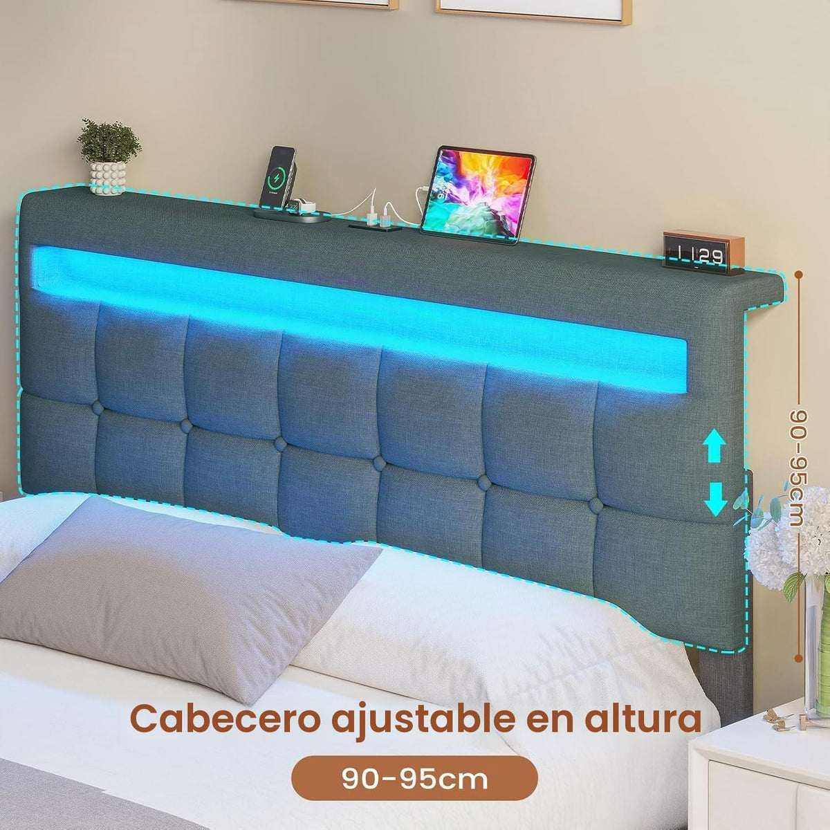 AOGLLATI Camas Matrimoniales 140x190 cm con Almacenamiento Hidráulico, Cama Canapé con Cabecero Ajustable, Estructura de Cama con Luces LED y Estación de Carga (USB y Tipo-C), Gris Oscuro