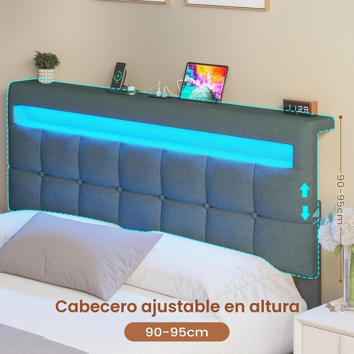 AOGLLATI Camas Matrimoniales 140x190 cm con Almacenamiento Hidráulico, Cama Canapé con Cabecero Ajustable, Estructura de Cama con Luces LED y Estación de Carga (USB y Tipo-C), Gris Oscuro
