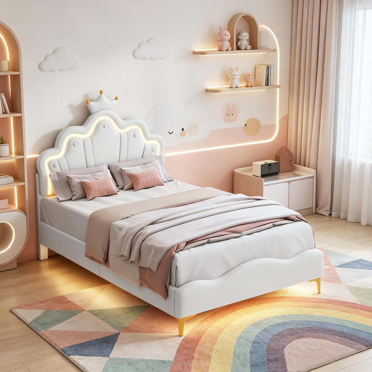 Cama Infantil tapizada 140 x 200 cm con LED, Cama tapizada para niños 140 x 200 con cabecera Ajustable Marco de Camas, Camas de Princesa para Niña en Forma de Corona con Somier(Rosa, 140 x 200)