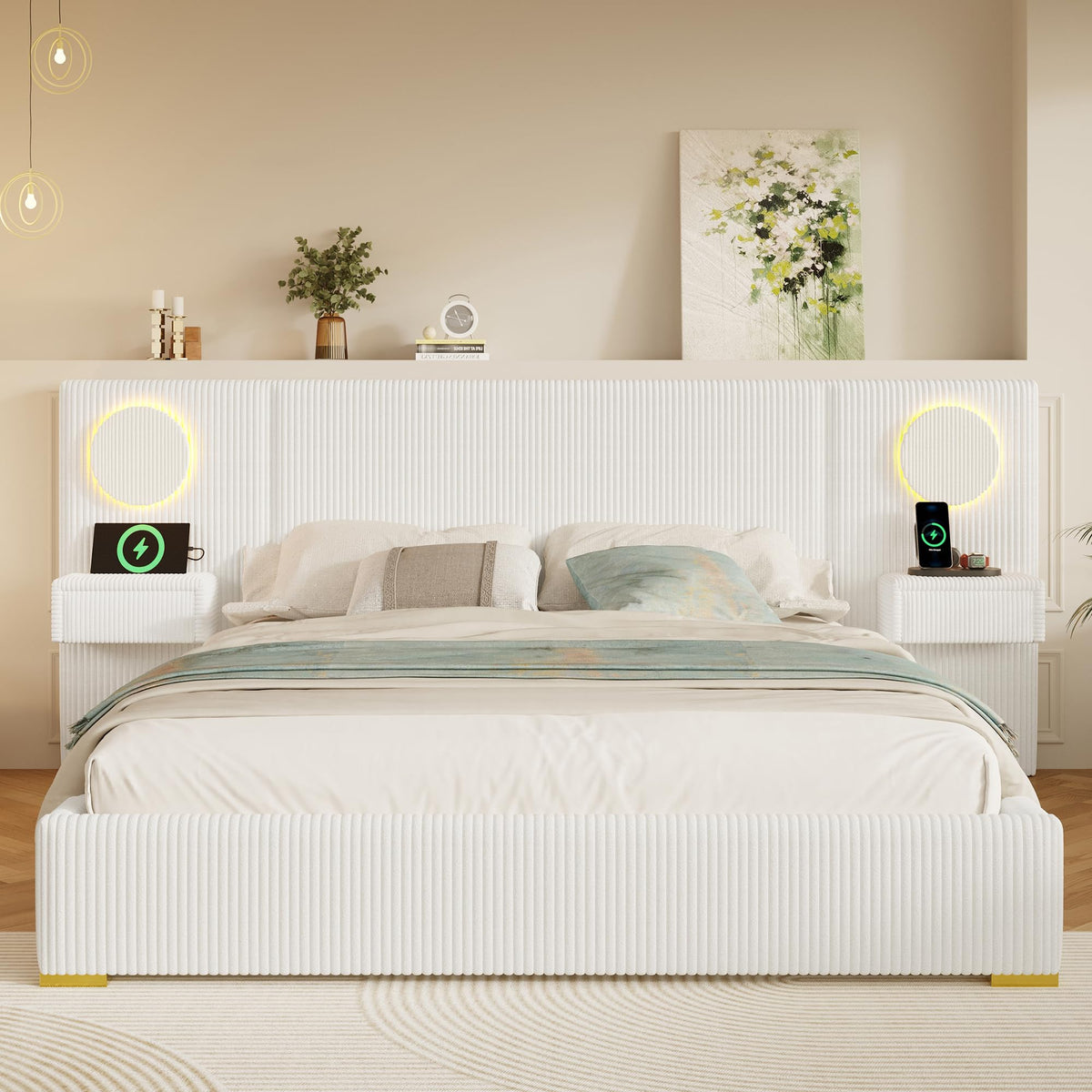 Moimhear Cama tapizada de terciopelo, cabecero LED, conectores USB, almacenamiento hidráulico