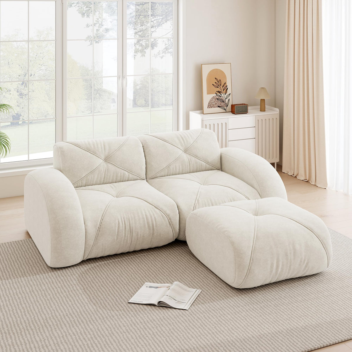 Sofá de esquina en forma de L de 4 plazas con reposapiés, sofá modular Cloud sin marcos de chenilla, sofá de estar suave, antideslizante, combinable de forma flexible, sin montaje, salón color