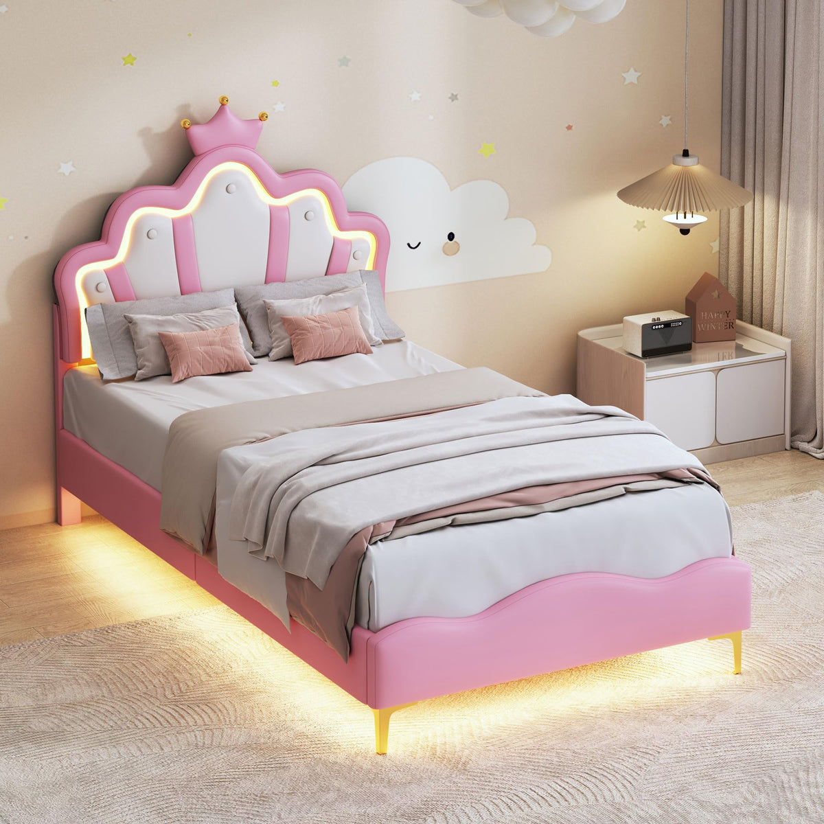 LIVLUX Cama Tapizada 90 x 200 cm, Cama Princesa con Cabezal LED Ajustable y Somier de Lamillas, Cama para Niña, Diseño en Forma de Corona para Niños y Adolescentes (Rosa, 90 x 200 cm)