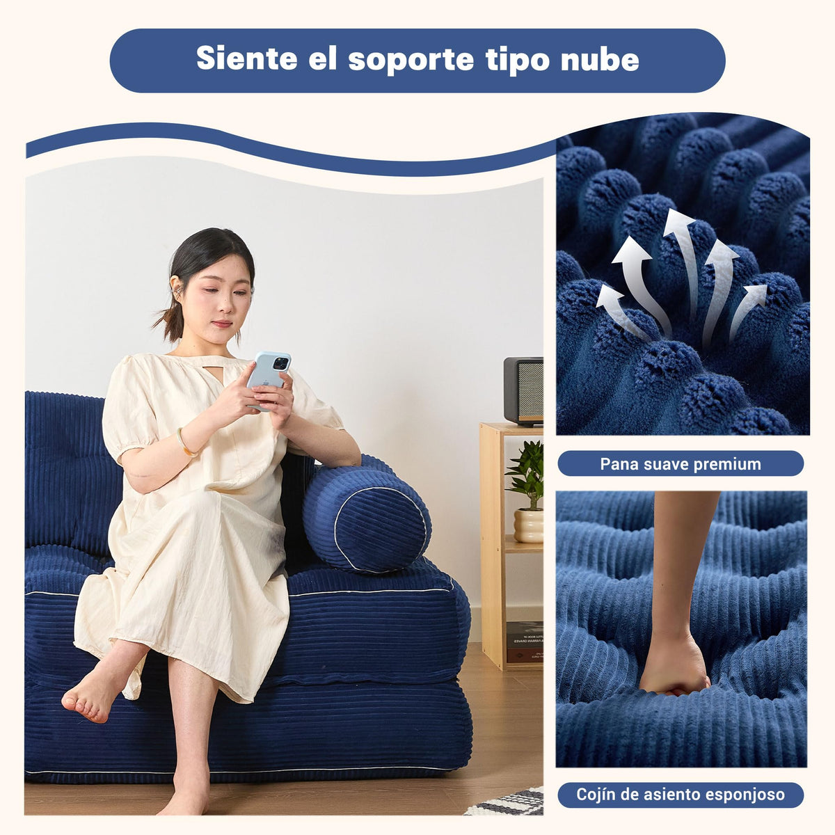 Sofá Convertible 4 en 1, Sofá Cama 1 Plaza, Pana, Negro