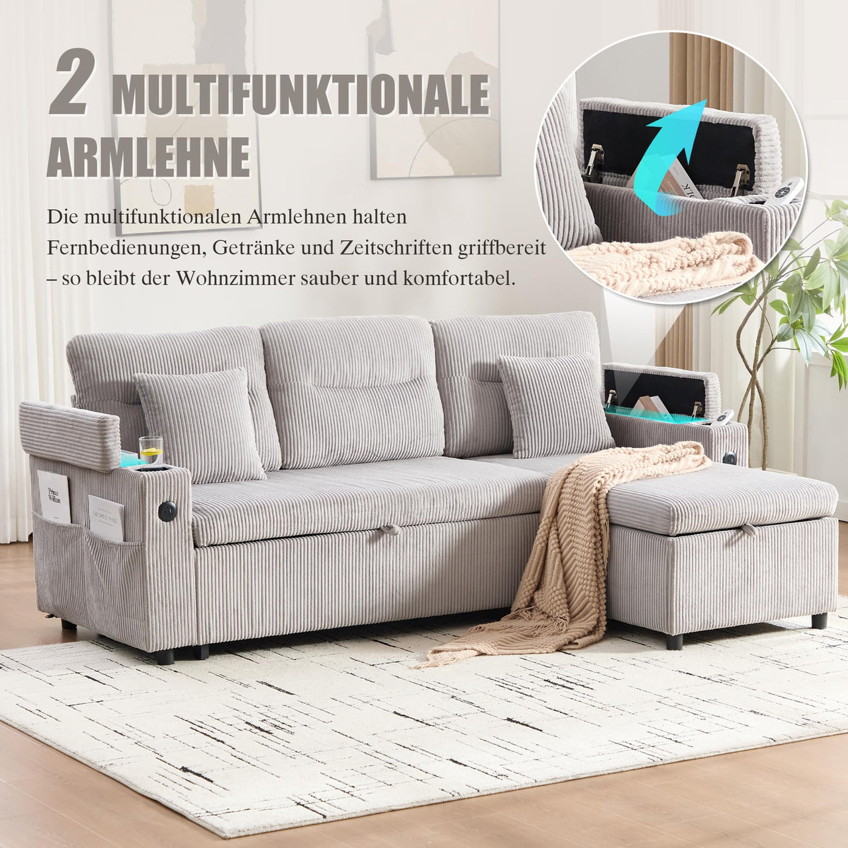 Dolamaní Sofá moderno de 4 plazas de tela de lino con espacio de almacenamiento y función de dormir, sofá cama con cajonera extensible en forma de L para casa y salón (beige B)