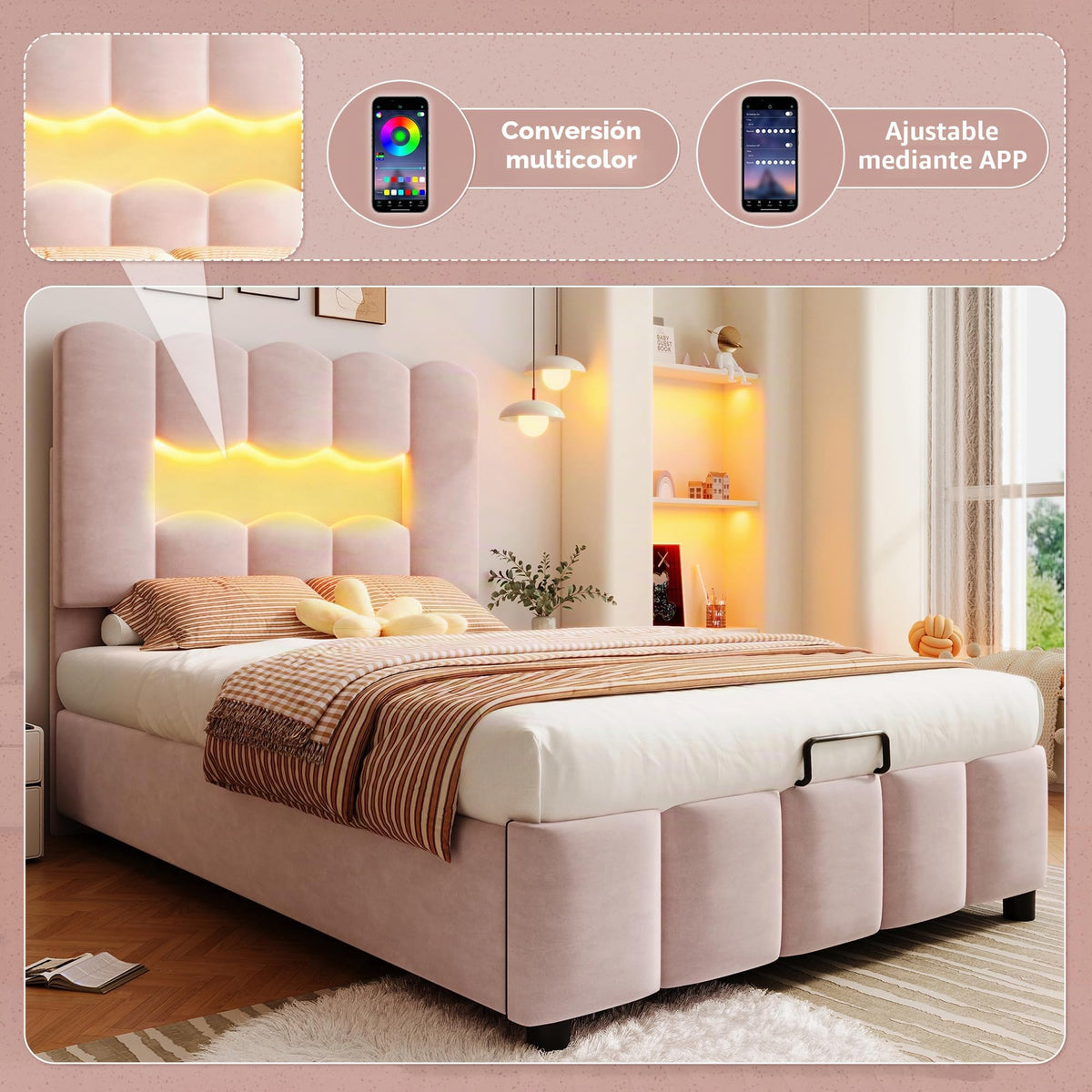 Kebnor Cama tapizada con somier, luz ambiental con mando a distancia, diseño de princesa heredera, material PU, color rosa (sin colchón) (140 x 200 cm)