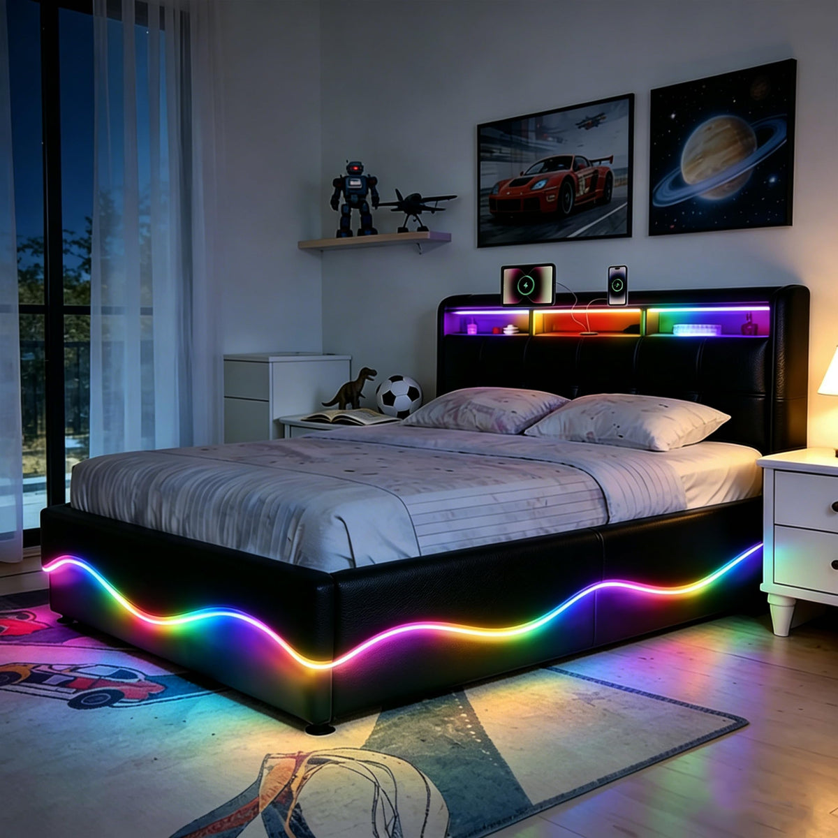 Estructura de Cama 140x200 cm con iluminación LED, Lino, Gris