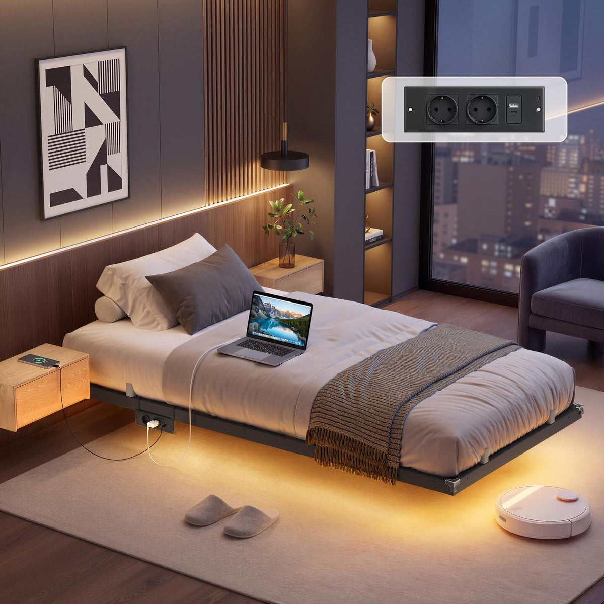 VASAGLE Marco de Cama Flotante, 140 x 200 cm, LED, 2 Tomas y 3 USB